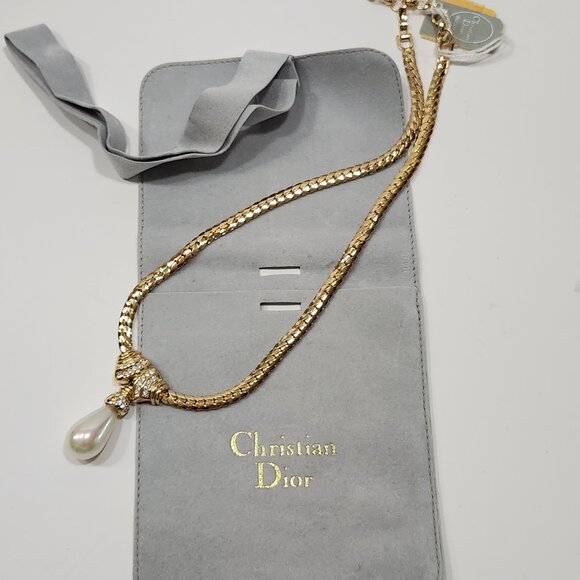 NWT Rare Vintage Christian Dior Gold Tone Faux Pearl/Rhinestone Choker 17" - Picture 7 of 8